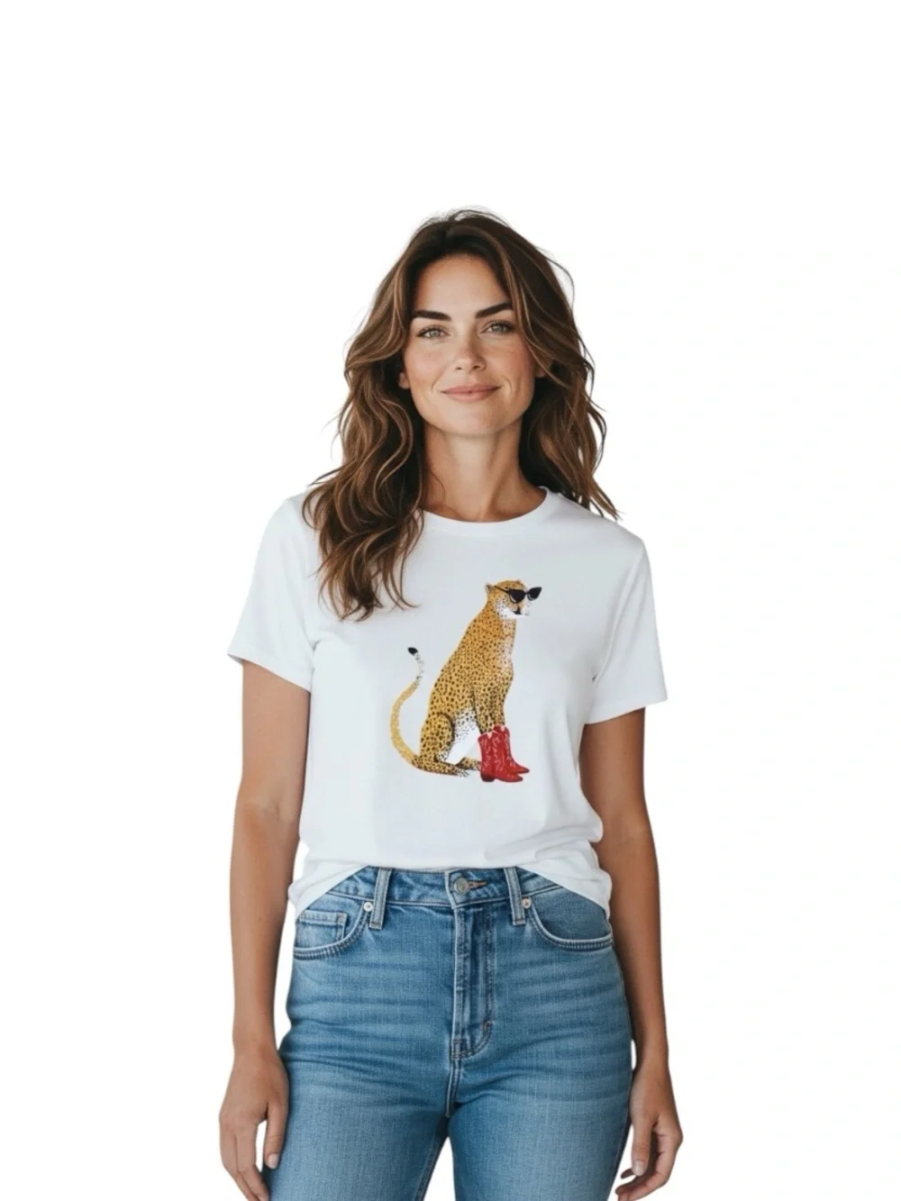 Women’s White Cat Graphic Tee with Red Boots & Sunnies